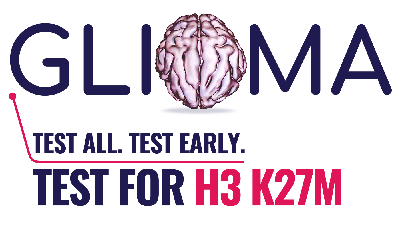 Stylized GLIOMA hero with a brain image as the O indicating the importance of testing for H3 K27M mutation in all diffuse gliomas